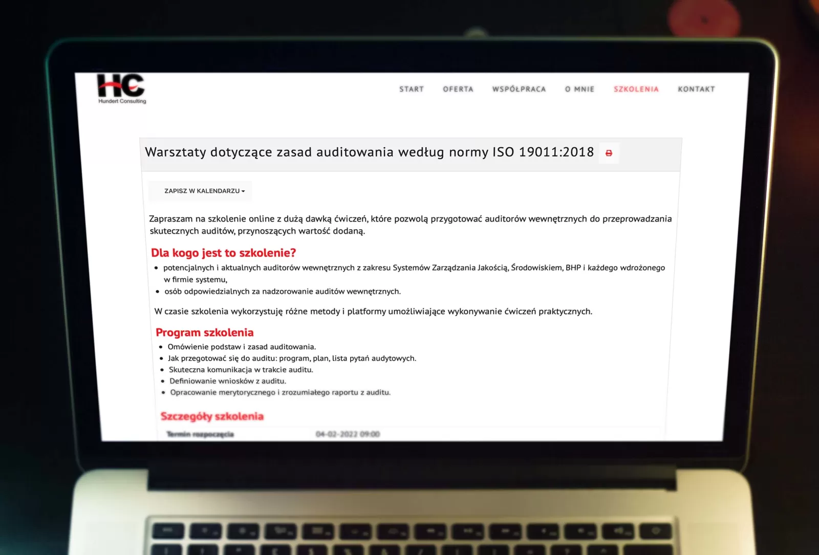 Strona internetowa z zapisami na szkolenia